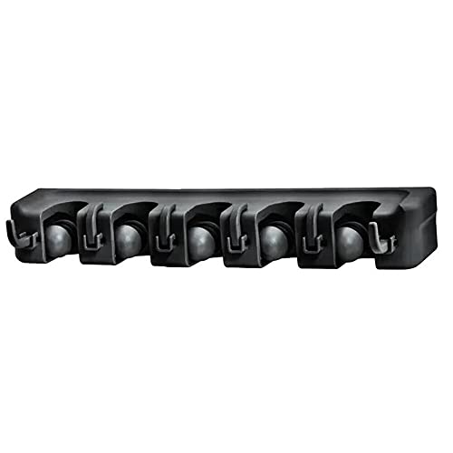 Superio Mop and Broom Holder Wall Mount (Black) Cleaning Tools Wall Organizer, 5 Rack Slots and 6 Hooks for Kitchen Closet Garage Garden and Office - color: Black, size: Large, 1-pack