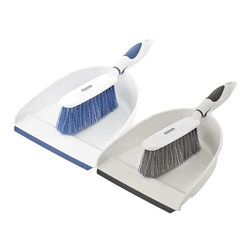 Dustpan and Brush Set, Hand Broom with Ergonomic Grip Handle - Rubber Edge for Easy Dirt Pickup, Durable Material - Grey & Blue Hand Brush by Superio, 2-Pack - color: Blue & Grey