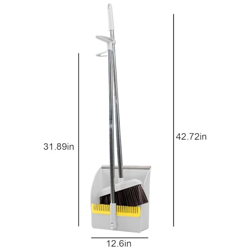 42.7'' Broom with Dustpan Combo Set, House Warming Gifts New Home, Dust pan and Broom Set, Long Handle Broom with Stand Up Dustpan Combo Set for Office Home Kitchen Lobby Floor Use (Khaki) - color: Khaki