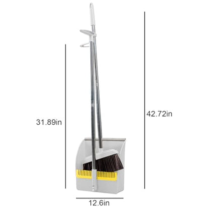 42.7'' Broom with Dustpan Combo Set, House Warming Gifts New Home, Dust pan and Broom Set, Long Handle Broom with Stand Up Dustpan Combo Set for Office Home Kitchen Lobby Floor Use (Khaki) - color: Khaki