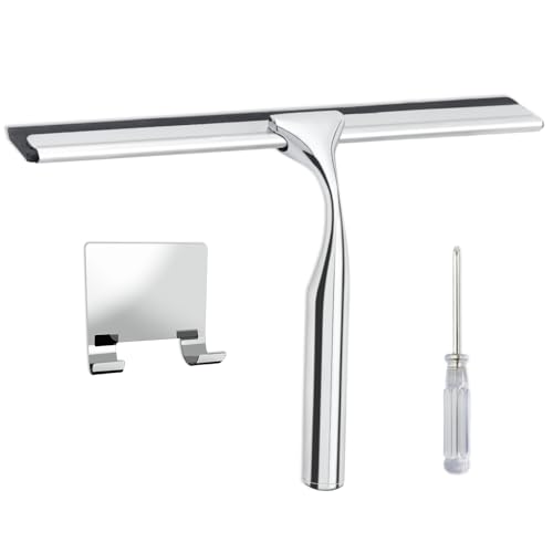 Shower Squeegee for Glass Doors,Stainless Steel Shower Door Squeegee,Windows, Mirrors, Car Windows, Tile Shower Walls, 10 Inch Silver,Durable Includes Shower Door Adhesive Hook