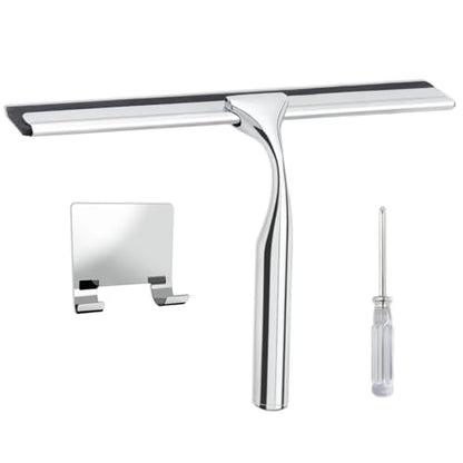 Shower Squeegee for Glass Doors,Stainless Steel Shower Door Squeegee,Windows, Mirrors, Car Windows, Tile Shower Walls, 10 Inch Silver,Durable Includes Shower Door Adhesive Hook