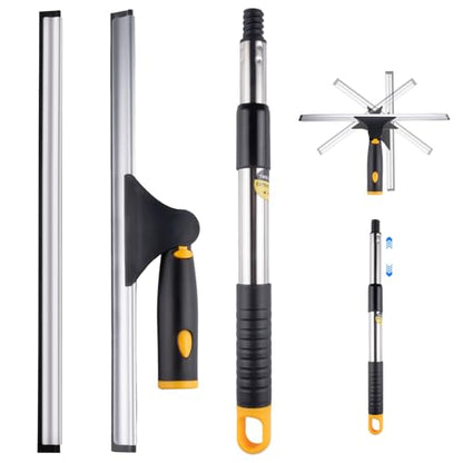 14" Window Cleaning Tool, All-Purpose Extendable Window Squeegee with 2 Blades and Stainless Steel Pole, Shower Squeegee for Glass Doors,Shower Doors, Windows, Bathroom and Car Windshields