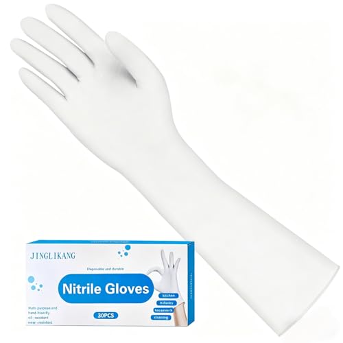 Long Sleeves Durable Disposable Nitrile White Gloves 15inches,Household Cleaning Dishwashing Waterproof 30PCS - color: White, size: Medium