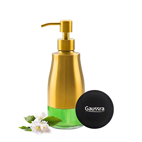 Gaussra Soap Dispenser with Coaster and Stickers, Brushed Gold Stainless Steel Glass Hand Pump Dispenser, Anti Rust Bottle, for Kitchen & Bathroom Detergent Bottle，Refillable Hand Liquid Dispenser - color: Brushed Gold