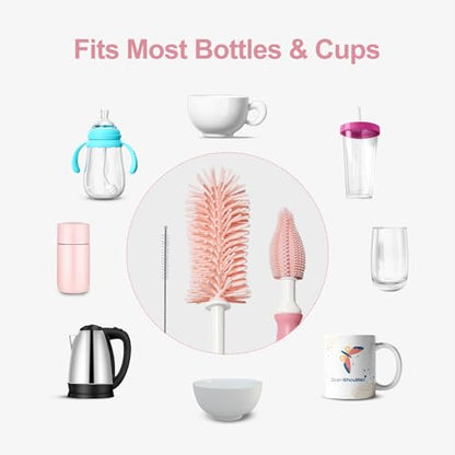 Bottle Brush Set 3-in-1, Including Long Handle Silicone Bottle Brush, Detail Cleaner, Straw Brush, Non Scratch Cleaning Brushes for Water Bottles, Tumblers and Glass (Pink) - color: Pink