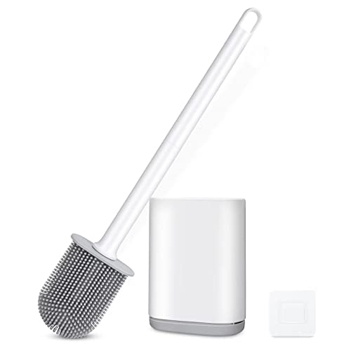 Silicone Toilet Brush and Holder Bendable Efficient Cleaning Wall Mounted Toilet Bowl Brush with Long Handle Brush Head and Silicone Bristles No Rusty Handles Problem (White) - color: White