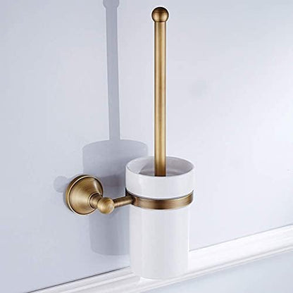 Elegant European Antique Bronze Toilet Brush Holder Set, Wall Mounted Brass Bathroom Accessories Set (Golden)