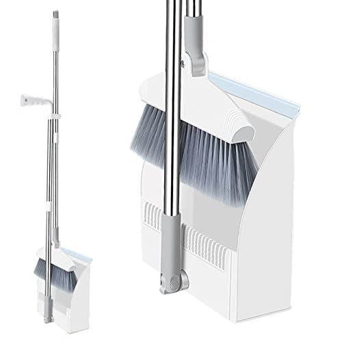 Broom and Dustpan Set with Long Handle, 180 Degree Swivel Broom and Upright Dust Pan with Hair Scraper, Store Sweep Set for Home, Kitchen, Office, Outdoor, Indoor,White - color: White