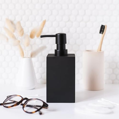 Matte Black Square Soap Dispenser for Kitchen & Bathroom – 15 oz Refillable Resin Pump Bottle for Dish Soap, Hand Soap, Shampoo, Conditioner – Modern Countertop Dispenser with Non-Slip Protective Pads - color: Black, style: Square Soap Dispenser