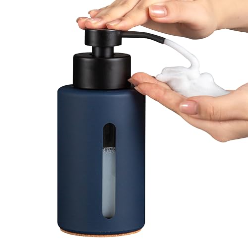 Enra Thick Glass Foaming Soap Dispenser with Clear Window,12oz Blue Bathroom Soap Dispenser with Stainless Steel Pump, Modern Boho Refillable Pump Bottle for Bathroom Kitchen (Foam-Blue) - color: Blue Foam Dispenser