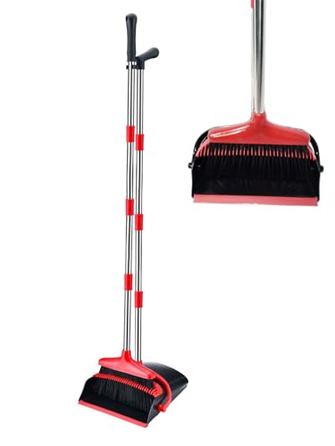 Broom and Dustpan Set, Stand Upright Windproof Dustpan, Long Handle Broom and Dustpan with Teeth for Home Kitchen Room Office Lobby Floor Cleaning (Black+Red)