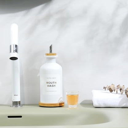 11.8OZ Mouthwash Dispenser for Bathroom with Bamboo & Stainless Steel Pour Spout, Mouthwash Cup Reusable, Bamboo Tray, and Elegant Gold Label. （White - color: White/350*1