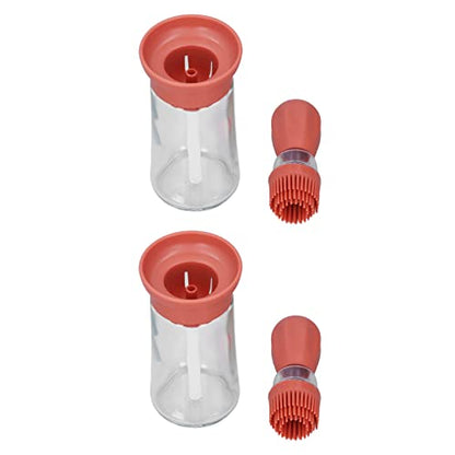 2pcs Oil Container with Silicone Brush Oil Dispenser Bottle for Kitchen Grilling Baking Cooking (Red) - color: Red