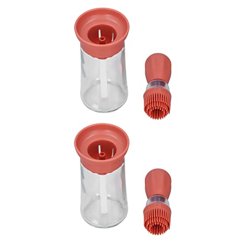 2pcs Oil Container with Silicone Brush Oil Dispenser Bottle for Kitchen Grilling Baking Cooking (Red) - color: Red
