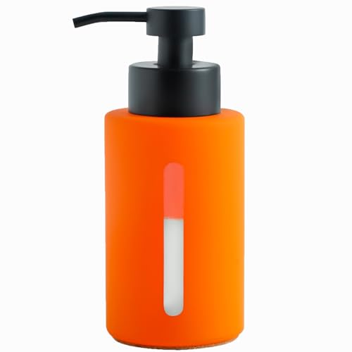 Enra Fall Glass Soap Dispenser with Window,12oz Orange Bathroom Soap Dispenser with Stainless Steel Lotion Pump,Hand Liquid Soap Dispenser Countertop for Bathroom Kitchen(Orange/Liquid Type) - color: Orange/Liquid Type