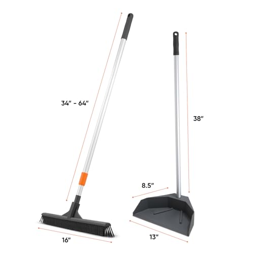 Superio Silicone Broom - Carpet Rake with 35" Long Handle Dustpan Set - Rubber Broom for Pet Hair on Carpet & Hardwood Floors, Stand-Up Dustpan with Aluminum Handle - Gray - style: Dustpan with Broom (2)