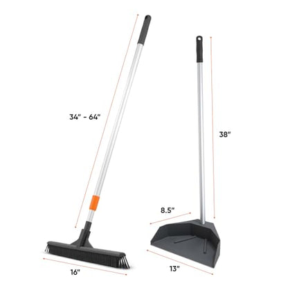 Superio Silicone Broom - Carpet Rake with 35" Long Handle Dustpan Set - Rubber Broom for Pet Hair on Carpet & Hardwood Floors, Stand-Up Dustpan with Aluminum Handle - Gray - style: Dustpan with Broom (2)
