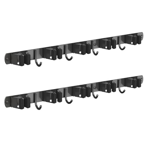 CUXIXA 2 Pack Mop and Broom Holder Wall Mount, Non-slip Broom Hanger Wall Mount, Heavy Duty Mop Broom Organizer for Kitchen Garden Garage Laundry Room Wall Decor Organization and Storage Black 5R4H - color: Black, size: 2 Pack 5 Racks with 4 Hooks