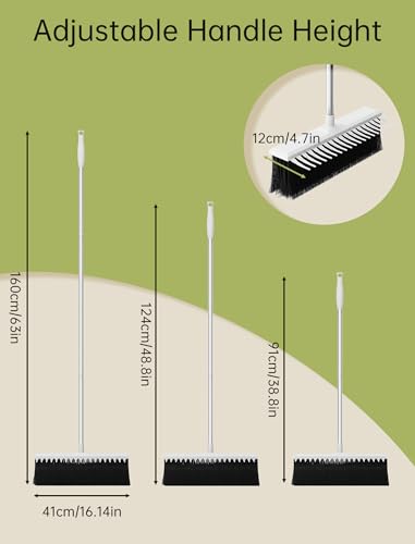 NiHome Heavy-Duty Outdoor Yard Broom with Rake Edge, 63-Inch Adjustable Stainless Steel Pole, 16” Wide Head for Lawn, Deck & Hard Floor Cleaning