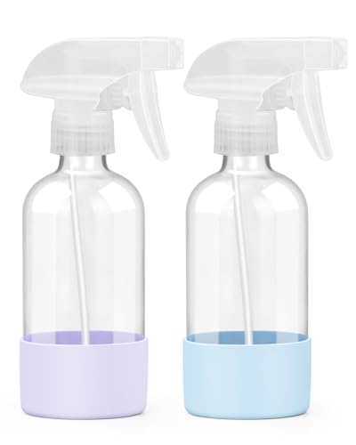 Worldgsb 2 Pack Glass Spray Bottles 8 oz, Empty Refillable Containers with Silicone Sleeve Protection, Glass Spray Bottles for Cleaning Solutions, Hair and Plants with Adjustable Nozzles Blue&Purple - color: Blue&Purple