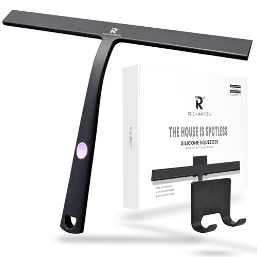 Squeegee for Shower Door 14 Inch Wide Blade, 11 Inch Short Handle One-Piece Silicone with Stainless Steel Core, Non-Slip Grip Window Squeegee for Bathroom Mirror Car Windshield, Aluminum Hook (Black) - color: 14 Inch Black