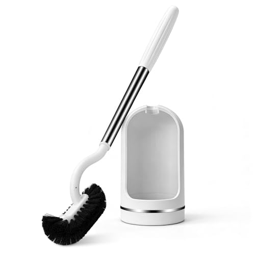 Toilet Brush and Holder Set, Curved Toilet Brush with Stainless Steel Handle, Under Rim Toilet Bowl Brush for Deep Cleaning, Drip-Proof, White