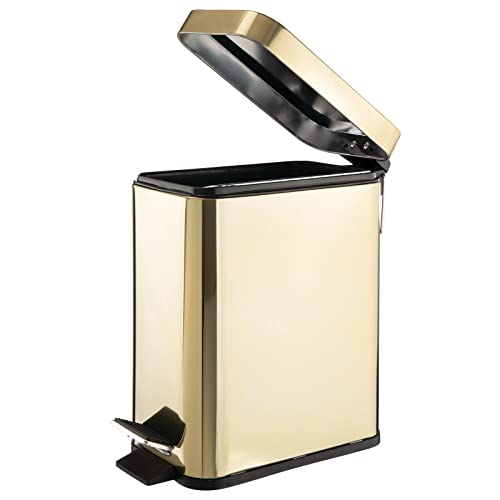 mDesign Small Modern 1.3 Gallon Rectangle Metal Lidded Step Trash Can, Compact Garbage Bin with Removable Liner Bucket and Handle for Bathroom, Kitchen, Craft Room, Office, Garage - Soft Brass - color: Soft Brass, size: 1.3 Gallon