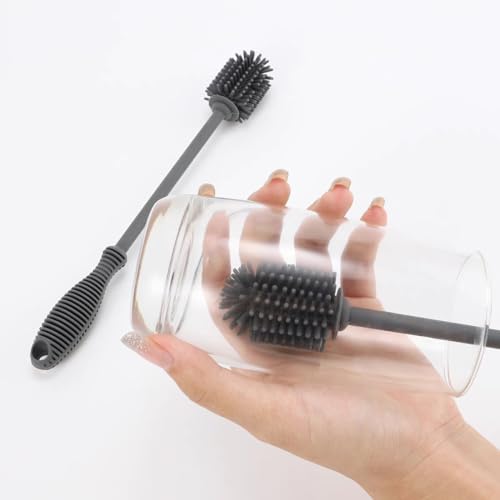 Silicone Cleaning Brush Set, Cup Brush, Long and Short Handle, Suitable for Various containers Such as Milk Bottles, Wine Bottles, Glass Bottles, etc. Cleaning Brush (Black)