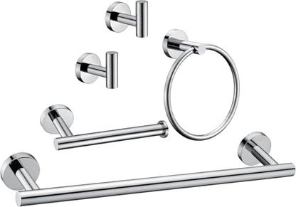 5 Pieces Polished Chrome Bathroom Hardware Accessories Set,Hand Towel Ring,16 inch Towel Bar,Toilet Paper Holder,2pcsTowel Hooks,Round SUS304 Stainless Steel Heavy Duty Wall Mount Holder,Towel Rack - color: Polished Chrome, size: 5 piece 16"
