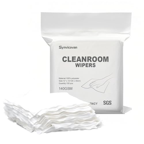 Cleanroom Polyester Wipers 12"x12"(150 Pcs, 140GSM) Double Knit 100% Lint Free Cleaning Cloths with Ultra-fine Filaments, Laser Sealed Edge Ultra-Soft Wipers, Reusable and Washable - size: 12"×12"(Pack of 150)