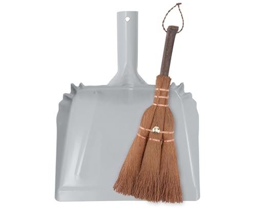 Small Metal Dust Pan and Brush for Fireplace, Garage, Shop, 9" Wide | Heavy duty dustpan for outdoor indoor camping rv, Natural soft hand broom for bench counter woodworking woodstove anti-static - style: Metal Dustpan