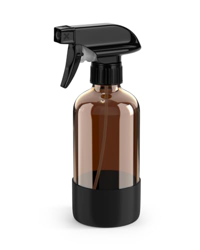 Bontip Amber Glass Spray Bottle with Silicone Sleeve Protection, 8 oz Refillable Spray Bottles for Cleaning Solutions, Plants, Aromatherapy, Facial Hydration (1, Black, 8 oz) - color: Black, size: 8 Ounces