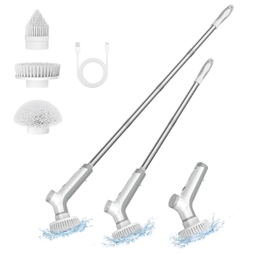 VEWIOR Electric Spin Scrubber with 3 Replacement Brushes, Cordless Shower Scrubber with Adjustable Handle and Power Dual Speed for Bathroom Tub Tile Grout