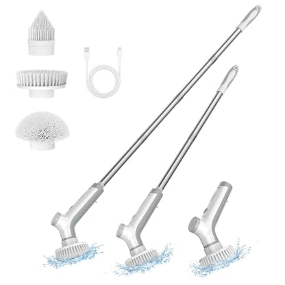 VEWIOR Electric Spin Scrubber with 3 Replacement Brushes, Cordless Shower Scrubber with Adjustable Handle and Power Dual Speed for Bathroom Tub Tile Grout