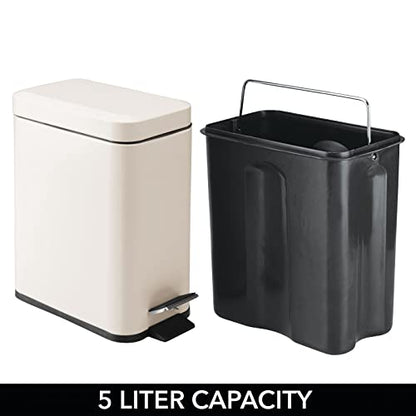 mDesign Small Modern 1.3 Gallon Rectangle Metal Lidded Step Trash Can, Compact Garbage Bin with Removable Liner Bucket and Handle for Bathroom, Kitchen, Craft Room, Office, Garage - Cream/Beige - color: Cream, size: 1.3 Gallon