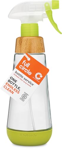Full Circle Bottle Service - Sustainable Refillable Glass Spray Bottle for Cleaning - Versatile Stream & Mist Options, Bamboo, Silicone Protection Boot - Ideal for Kitchen, Plant, Hair & Beauty - color: Green 1pk, size: 16 Ounces