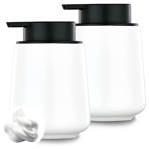 12Oz Hand Soap Dispenser Set - 2 Pack Ceramic Foam Soap Dispenser Set with Easy-to-Press Black Pump, Refillable Mordern Foaming Dish Soap Dispensers for Bathroom & Kitchen (White, Foam Pump) - color: White Foming Dispenser
