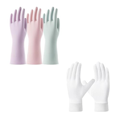 COOLJOB 3 Pairs Colorful Household Gloves with Cotton Liner & Non-slip Grip & 4 Pairs Soft Moisturizing Cotton Gloves Set with Stretch Elastic Cuff，Small