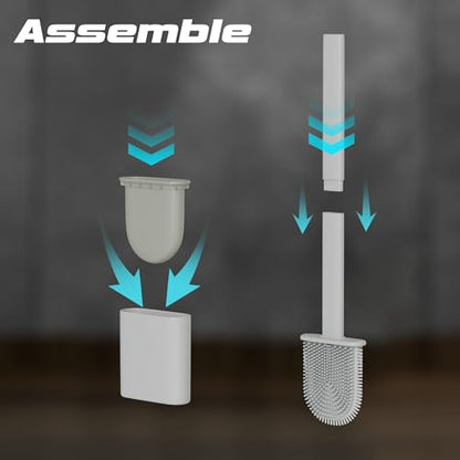 Silicone Toilet Brushes & Holders – Pack of 2 Long Non-Slip Handle, Flexible Bristles for Easy Cleaning – Modern Drip-Free Base, Durable White Bathroom Toilet Brush Set with Holder