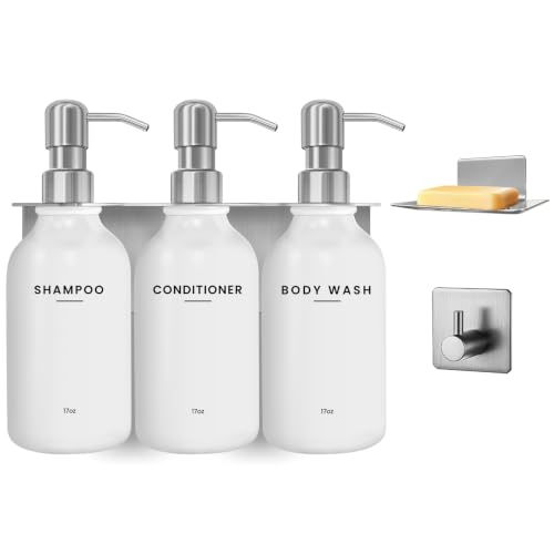 KOUCHU Shampoo and Conditioner Dispenser - Wall Mounted Shower Soap Dispenser - 17oz No-Drill Refillable Plastic Bottles with Stainless Steel Pump for Bathroom - Includes Soap Dish and Hook (Silver) - color: Silver