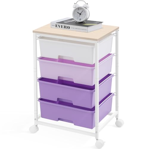 Utility Cart with 4 Drawers,Rolling Storage Cart with Drawers,Storage Rolling Drawer Cart with Wooden Tabletop for Bedroom,Kid's Room,Dorm,Classroom,Office, Purple - color: Purple