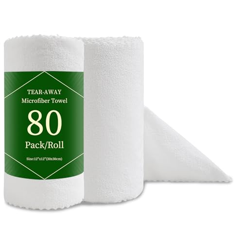 80 Pack Microfiber Cleaning Cloth Roll White Reusable Paper Towels 12"x12" Tear Away Cloth, Microfiber Towels for Cars, Wash Cloths, Lint Free Rags for House, Kitchen,Window,Cleaning Supplies - color: White