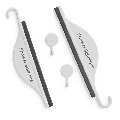Mini Shower Squeegee for Glass Doors – Small Handy Bathroom, Countertop & Window Cleaner with Rubber Blade and Hook for Tile Walls, Mirrors, Kitchen Sink - Pack of 2