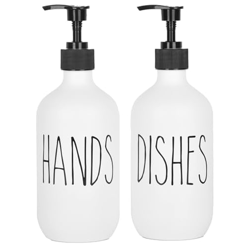 Hand and Dish Soap Dispenser Set 2 Pack 500ml Large Plastic Soap Dispensers Refillable Pump Liquid Sanitizer Bottles for Kitchen Bathroom Cute Farmhouse Style Home Decor (White Hands+White Dishes) - color: White Dishes+white Hands