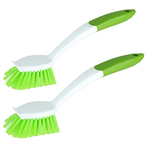 2-Pack Kitchen Green Scrub Brush for Cleaning Dishes Pots Pan Sink and Bathroom with Comfortable Long Handle - size: Dish Brushes