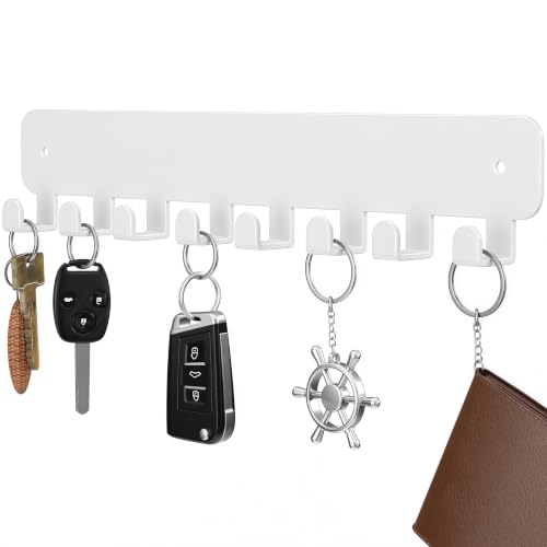 pickpiff Key Holder Wall Mount, Adhesive Key Rack with 8 Hooks Hanger for Car Key Ring, Metal Key Chain Organizer, White 1 Pack - color: White