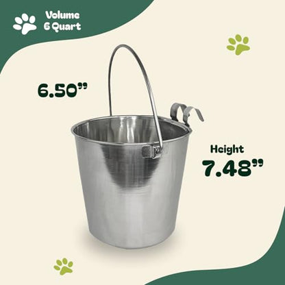 Advance Pet Products 6 Quart Stainless Steel Bucket with Dual Hook | Perfectly Fits on Kennels, Cages and Critter Crates | Heavy Duty Bucket for Pets Cleaning & Food Prep - Flat Sided Pail - size: 6 Quart - Hooked