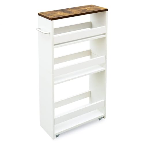 TEAMIX 4 Tier White Slim Storage Cart with Handle, Slide Out Storage Rolling Utility Cart Mobile Shelving Unit Organizer Trolley for Small Spaces Kitchen Laundry Narrow Places - color: White, size: 5-1/2'' W