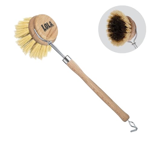 LOLA - The Original- Pot & Pan Brush, Heavy Duty Brass Wire & Tampico Bristles, Handle Made from Sustainable Birch Wood for Cleaning, 1 Count - color: Pot & Pan Cleaning Brush, size: 1 Count